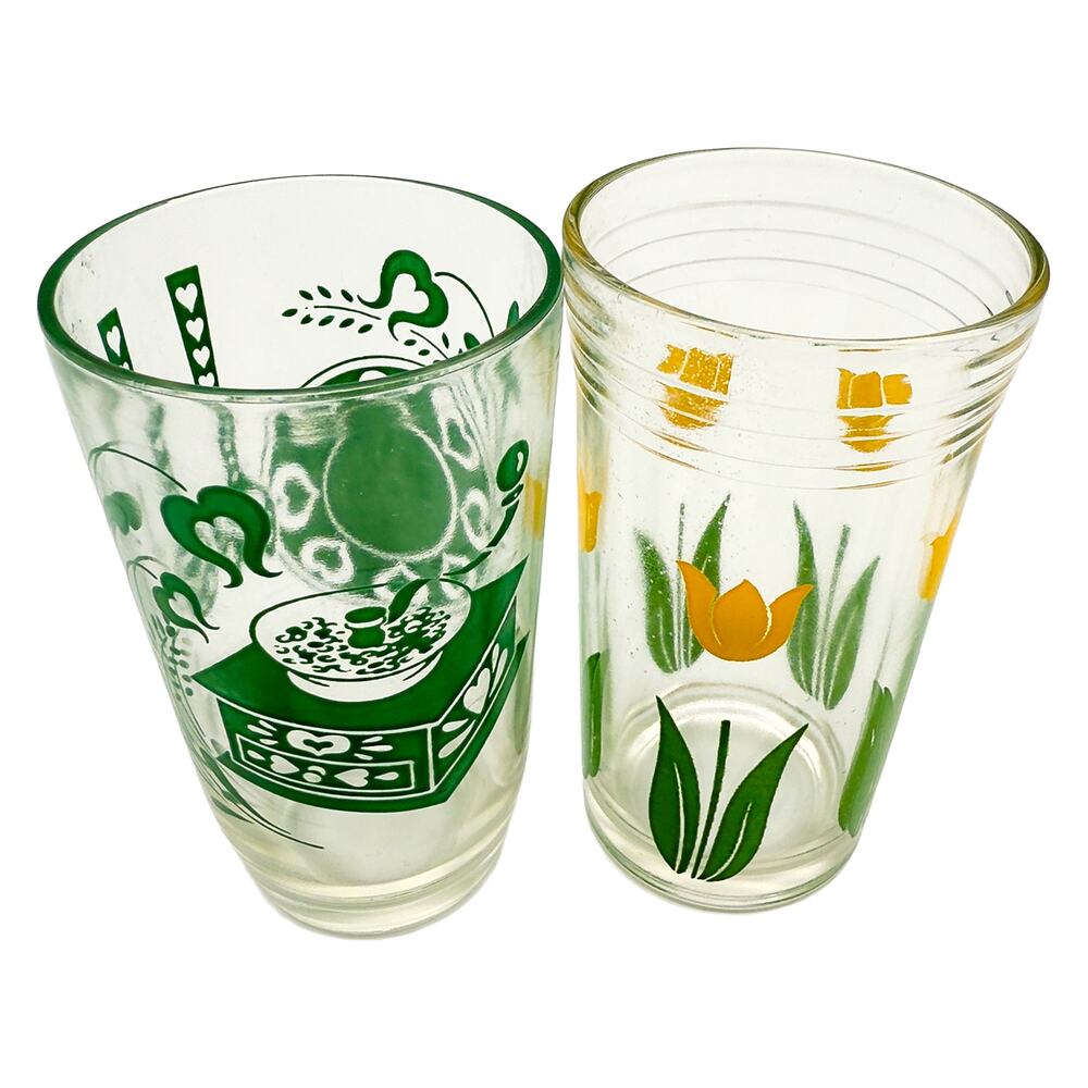 Vintage Kraft Swanky Swigs Set of 2 Glasses Yellow Tulips/Green Coffee Grinder